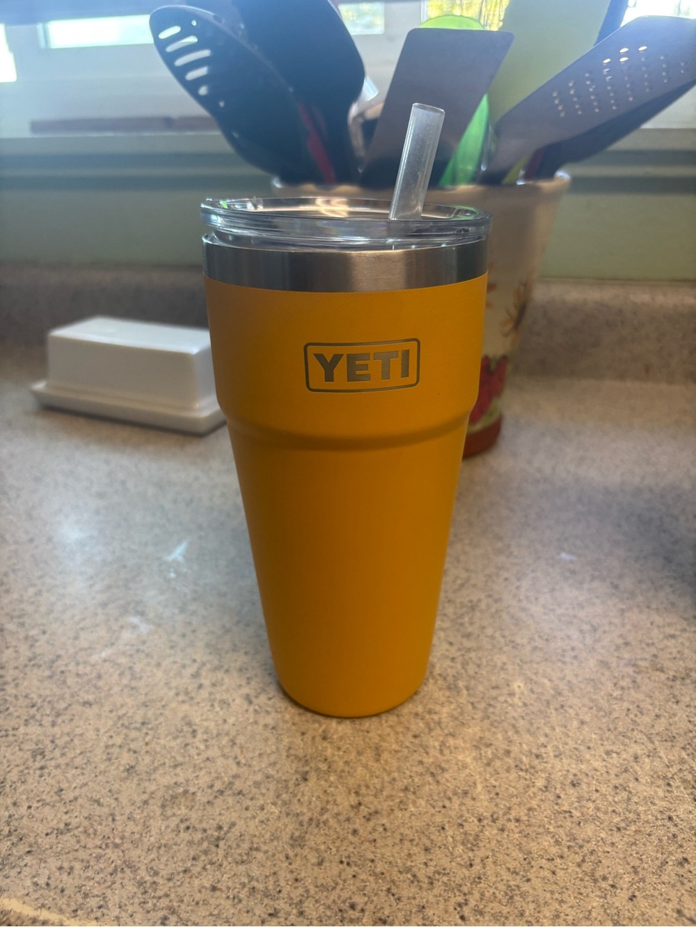 Yeti Yellow Tumbler with Clear Lid and Straw